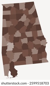 Map of Alabama with counties. Just a simple state border map with county division. Brown color palette. Blank State of Alabama shape with administrative division. Vector illustration.