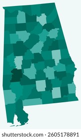 Map of Alabama with counties. Just a simple state border map with county division. Teal color palette. Blank State of Alabama shape with administrative division. Vector illustration.