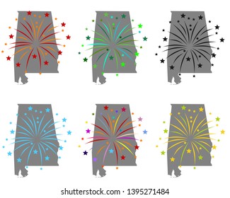 Map of Alabama with fireworks