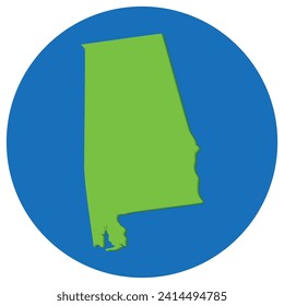 Map of Alabama in green with blue circle color. Alabama map globe shape.