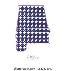 Map of Alabama painted in the colors USA flag and filled with stars. Border of Alabama and handwritten name of the state. 