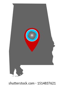 Map of Alabama and pin with hurricane warning