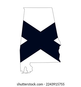 Map of the Alabama state with the official flag in white and black colors isolated on white background. Vector illustration
