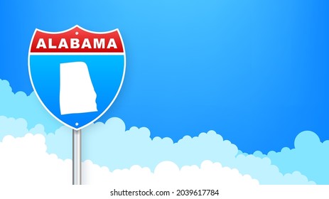 Map of Alabama State United States of America, Alabama outline road sign. Blue glowing outline. Vector illustration.