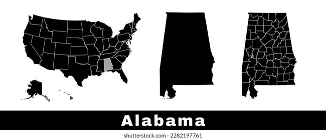 Mapa del estado de Alabama, EEUU. Conjunto de mapas de Alabama con borde, condados y mapa de estados de EE. Ilustración vectorial de color blanco y negro.