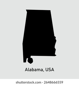 Map of Alabama USA on gray background. Solid black silhouette isolated map