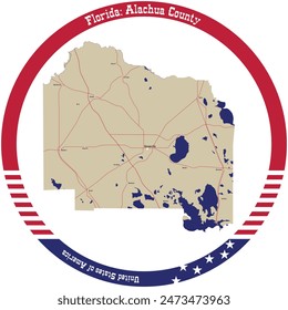 Mapa del Condado de Alachua en Florida, EE.UU. dispuesto en un círculo.