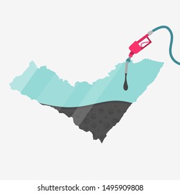 Map of Alagoas being fueled by oil. Gas pump fueled map. On the map there is glass reflection. Brazilian state. Conceptual. Oil producing or importing regions.
