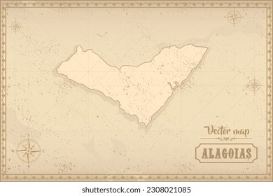 Map of Alagoas in the old style, brown graphics in retro fantasy style. Federative units of Brazil.