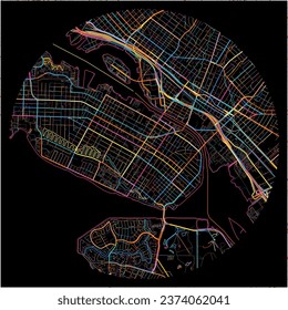 Map of Alameda, California with all major and minor roads, railways and waterways. Colorful line art on black background.
