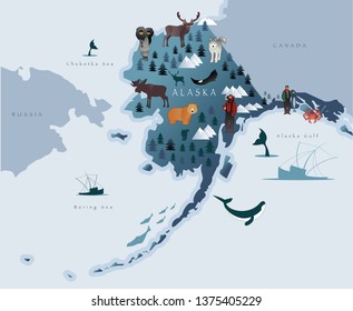 Map of Alaska with animals, eskimos, forests, mountains, hunters, boats, fish and fishermen