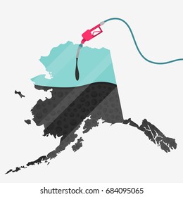 Map of Alaska being fueled by oil. Gas pump fueled map. On the map there is glass reflection. Conceptual. Oil producing or importing countries.