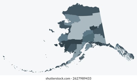 Map of Alaska with counties. Just a simple state border map with county division. Blue grey color palette. Flat State of Alaska shape with administrative division. Vector illustration.