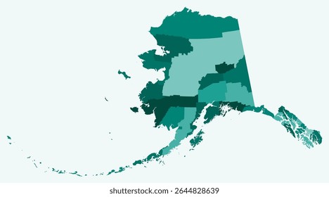 Map of Alaska with counties. Just a simple state border map with county division. Teal color palette. Blank State of Alaska shape with administrative division. Vector illustration.