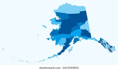 Map of Alaska with counties. A simple state border map with county divisions. Light blue color palette. Plain State of Alaska shape with administrative division. Vector illustration.