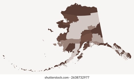 Map of Alaska with county divisions. A simple state border map with a brown color palette. Vector illustration of the State of Alaska with administrative divisions.