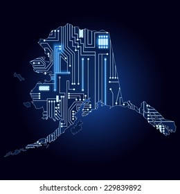 Map of Alaska with electronic circuit. Contour map of Alaska with a technological electronics circuit. 