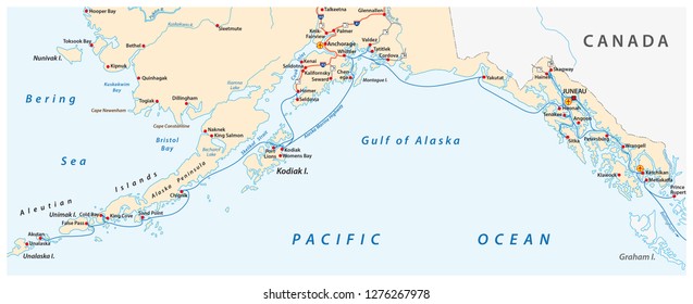 Mapa del Sistema de Carreteras Marinas de Alaska, ferry, Estados Unidos