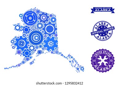 Map of Alaska State formed with blue wheel symbols, and isolated scratched seals for official repair services. Vector abstract mosaic of map of Alaska State with repair symbols in blue color hues.
