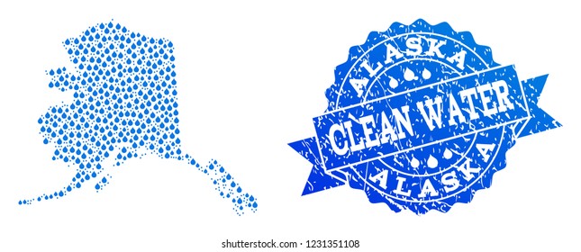 Map of Alaska State vector mosaic and clean water grunge stamp. Map of Alaska State created with blue water drops. Seal with grunge rubber texture for clean drinking water.