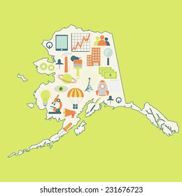 Map of Alaska with technology icons. Contour map of Alaska with icons of technology, business, science, communication