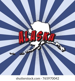 map of alaska u.s. state in pop art style with dotted shadows and radial lines in shape of rays