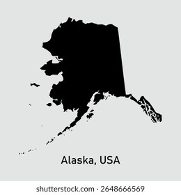 Map of Alaska USA on gray background. Solid black silhouette isolated map