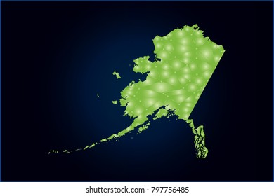 Map of Alaska (USA). Wire frame 3D green mesh with sparkle, design sphere, dot and structure. Vector illustration eps 10