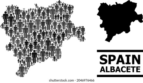 Map of Albacete Province for political proclamations. Vector demographics mosaic. Mosaic map of Albacete Province composed of person icons. Demographic scheme in dark grey color tints.