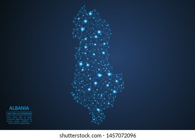 A map of Albania consisting of 3D triangles, lines, points, and connections. Vector illustration of the EPS 10.