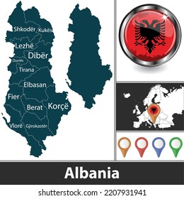 Map of Albania with counties and location on European map. Vector image