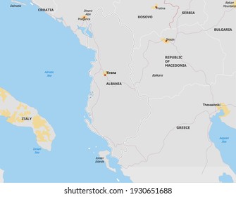 Map of Albania. Map is drawn in high detail and for clarity shows only major cities. Country is drawn with neighboring countries.