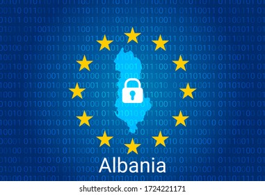 Map of Albania, with lock and binary code background. europe union internet blocking, virus attack, privacy protect. vector illustration