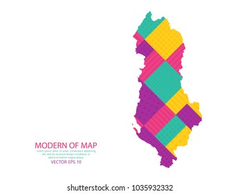 Map of Albania - Modern Geometric dots and lines background, colorful carving art - blue, yellow and purple. Vector illustration eps 10.