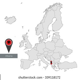 Map of Albania with an official flag. Location in Europe
