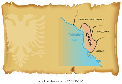 Map of Albania on the ancient parchment. Vector illustration.