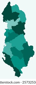 Map of Albania with regions. Just a simple country border map with region division. Teal color palette. Plain Albania shape with administrative division. Vector illustration.