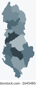Map of Albania with regions. A simple country border map with region division. Blue-grey color palette. Blank Albania shape with administrative division. Vector illustration.