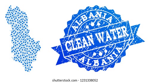 Map of Albania vector mosaic and clean water grunge stamp. Map of Albania formed with blue water tears. Seal with grunge rubber texture for clean drinking water.