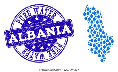 Map of Albania vector mosaic and Pure Water grunge stamp. Map of Albania created with blue liquid dews. Seal with corroded rubber texture for pure drinking water.