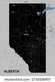Mapa de Alberta, Canadá. A província é representada em preto, com uma rede de linhas brancas representando estradas e fronteiras.