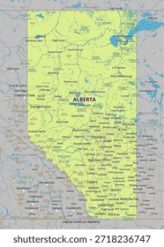 Map of Alberta, Canada, showing its geographical boundaries and major cities. The province is colored in a light green hue, contrasting with the surrounding areas.