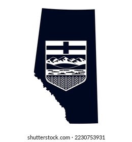 The map of the Alberta province with its official flag in black and white color isolated on white background. Vector illustration