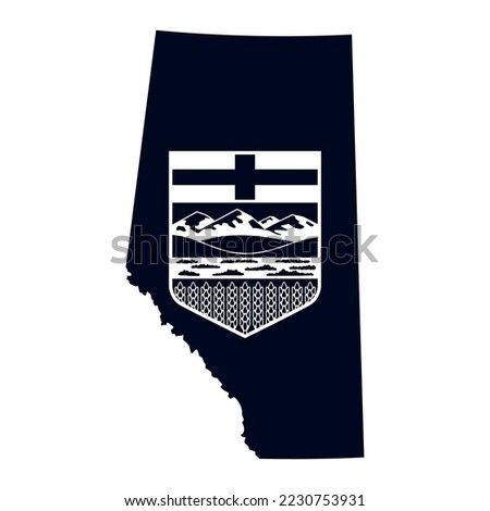 The map of the Alberta province with its official flag in black and white color isolated on white background. Vector illustration