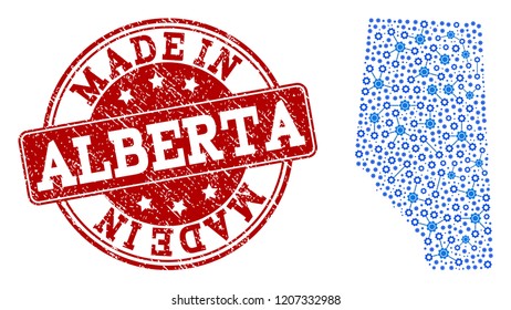 Map of Alberta Province vector mosaic and Made In grunge stamp. Map of Alberta Province formed with blue engine links. Made in red seal with scratched rubber texture.