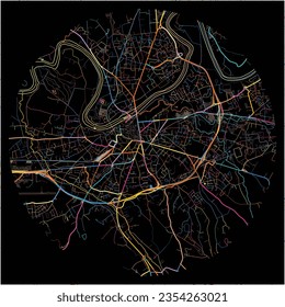 Map of Albi, Tarn with all major and minor roads, railways and waterways. Colorful line art on black background.