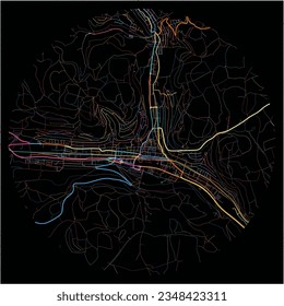 Map of Albstadt, Baden-Wuerttemberg with all major and minor roads, railways and waterways. Colorful line art on black background.