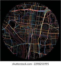 Map of Albuquerque, New Mexico with all major and minor roads, railways and waterways. Colorful line art on black background.