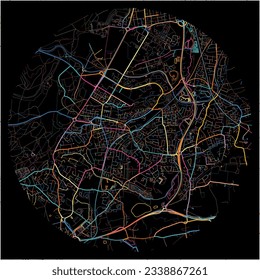 Map of Aldershot, South East England with all major and minor roads, railways and waterways. Colorful line art on black background.