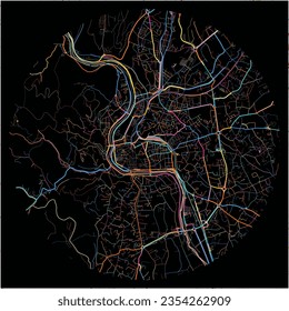 Map of Ales, Gard with all major and minor roads, railways and waterways. Colorful line art on black background.